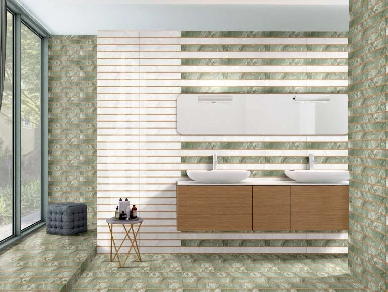 Washbasin design with green and white striped tile